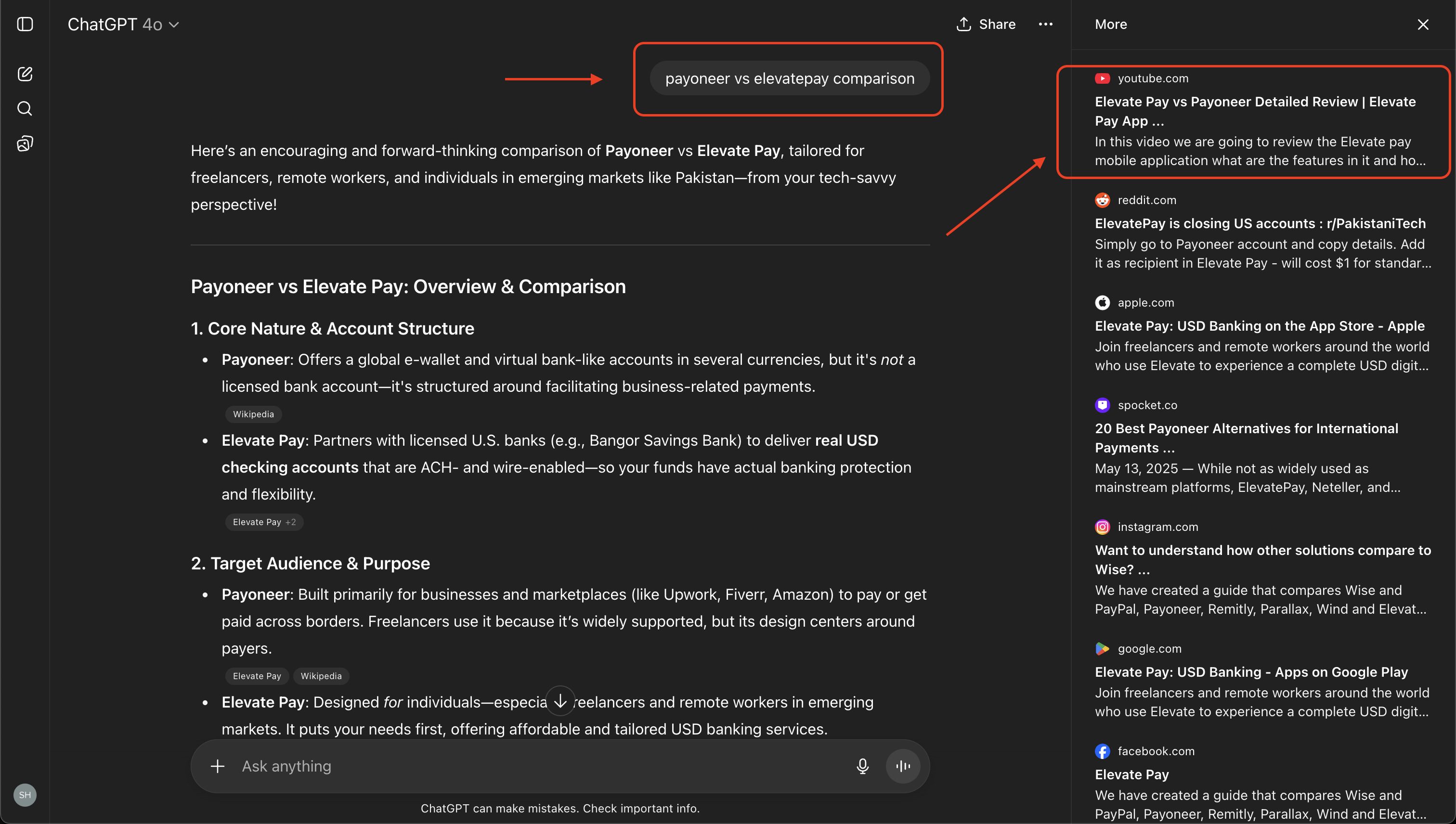 ChatGPT recommending and citing my YouTube video for ‘Payoneer vs ElevatePay comparison’