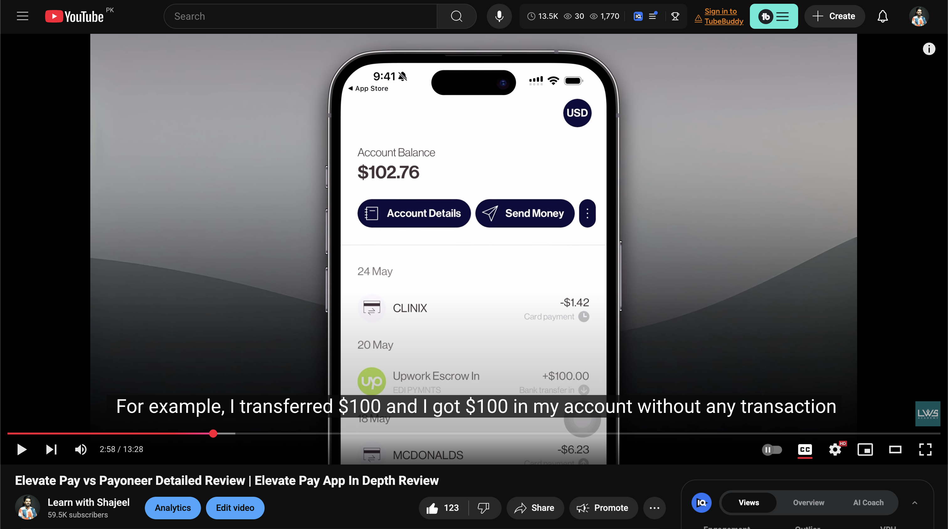 YouTube video showing subtitles enabled for the Payoneer vs ElevatePay comparison